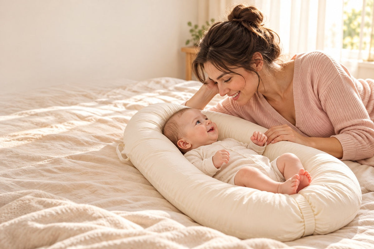 Une maman sourit à son bébé installé dans Hugnou