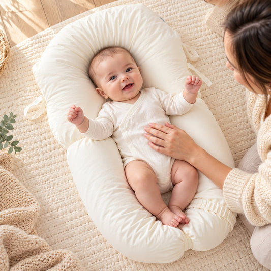 Bébé éveillé et souriant dans le coussin câlin Hugnou, sa maman juste à côté